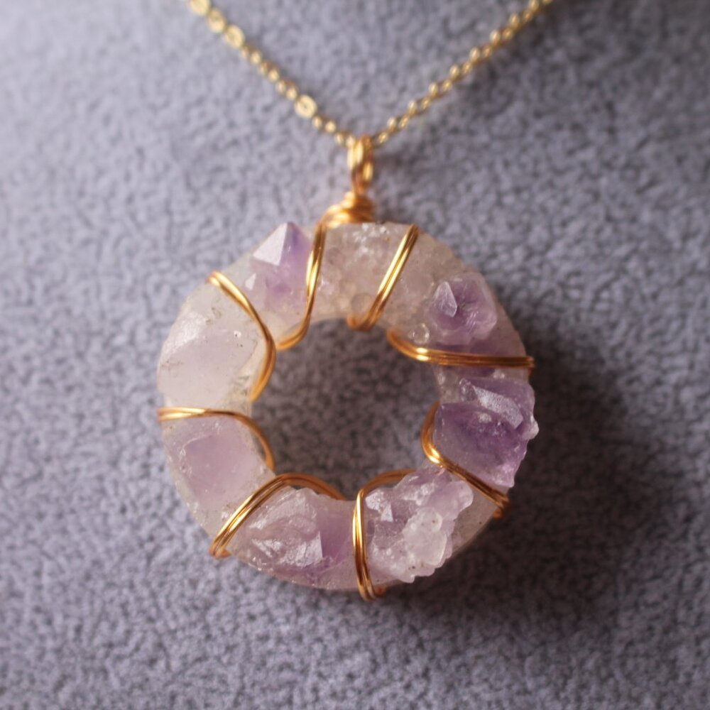 Raw Amethyst Circle Pendant Necklace – Gold Wire Wrapped - Picture 2 of 8